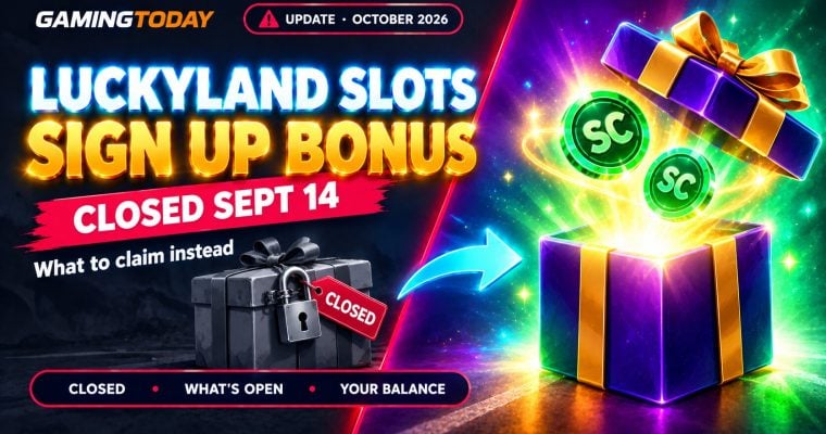 Padlocked grey gift box beside a glowing open gift box with green coins for the LuckyLand Slots sign up bonus after closure