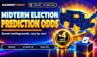 US map with seven glowing gold states and a plus four medallion for midterm Senate battleground prediction odds