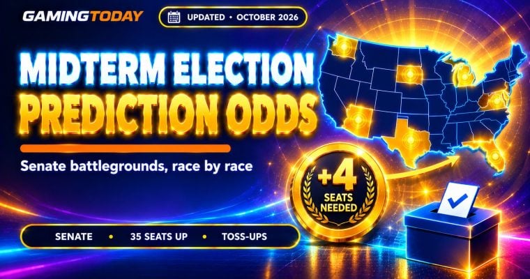 US map with seven glowing gold states and a plus four medallion for midterm Senate battleground prediction odds