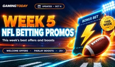 Betting ticket with a gold lightning bolt and a glowing football on stadium lights for NFL betting promos this week