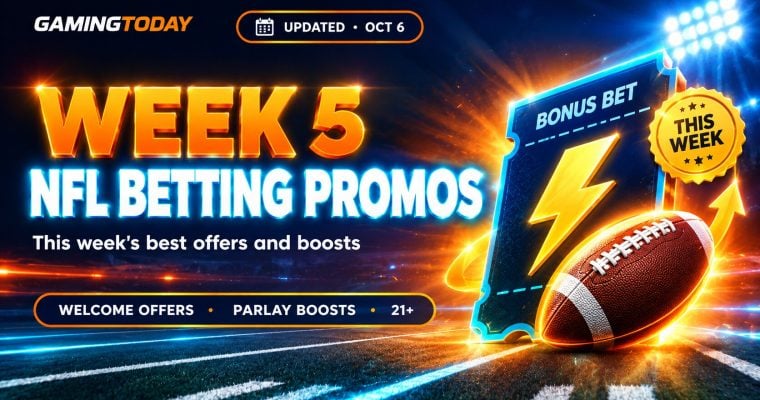 Betting ticket with a gold lightning bolt and a glowing football on stadium lights for NFL betting promos this week