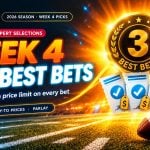 Gold best bets medallion with cyan-marked betting tickets and price tags beside a football for NFL Week 4 best bets and parlay picks