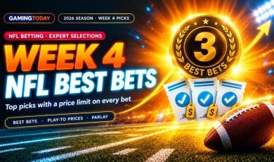 Gold best bets medallion with cyan-marked betting tickets and price tags beside a football for NFL Week 4 best bets and parlay picks