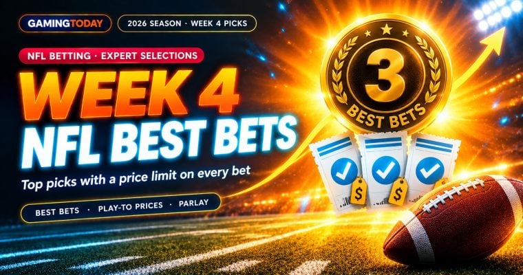 Gold best bets medallion with cyan-marked betting tickets and price tags beside a football for NFL Week 4 best bets and parlay picks