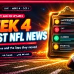 Glowing gold clipboard with four amber, crimson and green player status cards beside a football for NFL Week 4 injury and quarterback news