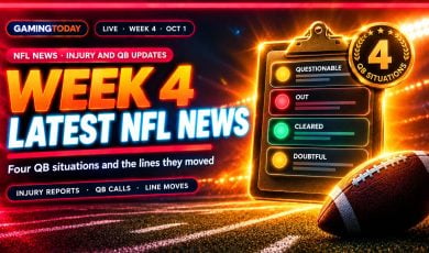 Glowing gold clipboard with four amber, crimson and green player status cards beside a football for NFL Week 4 injury and quarterback news