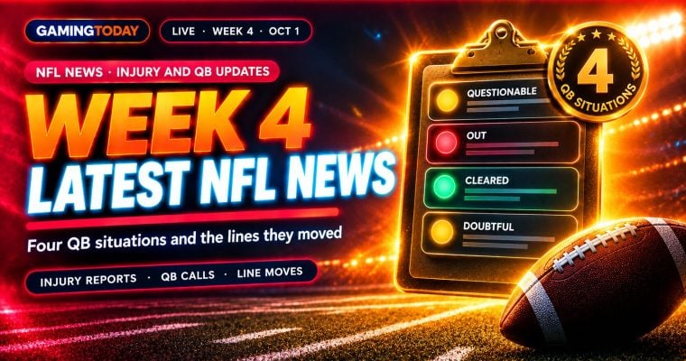 Glowing gold clipboard with four amber, crimson and green player status cards beside a football for NFL Week 4 injury and quarterback news