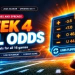 Glowing football and cyan-edged odds board on bright orange stadium lighting for NFL Week 4 odds and spreads