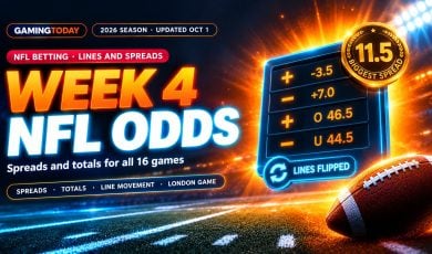 Glowing football and cyan-edged odds board on bright orange stadium lighting for NFL Week 4 odds and spreads