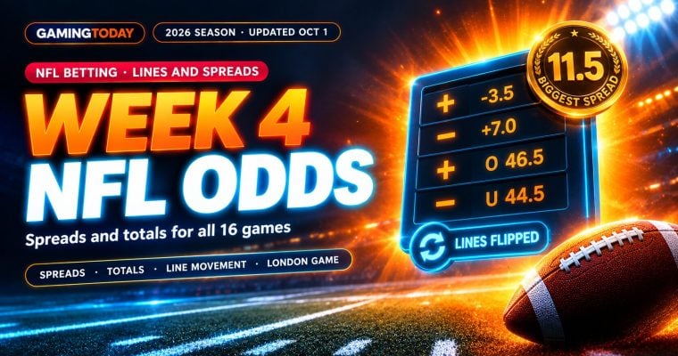 Glowing football and cyan-edged odds board on bright orange stadium lighting for NFL Week 4 odds and spreads