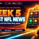 Glowing gold clipboard with six amber, crimson and green player status cards beside a football for NFL Week 5 injury and quarterback news