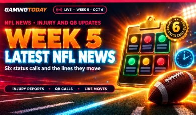 Glowing gold clipboard with six amber, crimson and green player status cards beside a football for NFL Week 5 injury and quarterback news
