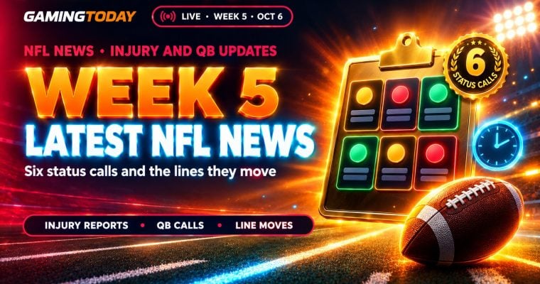 Glowing gold clipboard with six amber, crimson and green player status cards beside a football for NFL Week 5 injury and quarterback news