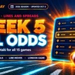 Glowing odds board with an amber flag and a football on bright orange stadium lighting for NFL Week 5 odds and spreads