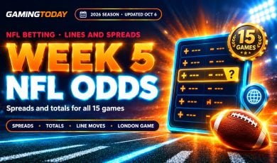 Glowing odds board with an amber flag and a football on bright orange stadium lighting for NFL Week 5 odds and spreads