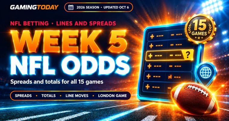 Glowing odds board with an amber flag and a football on bright orange stadium lighting for NFL Week 5 odds and spreads