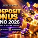 Gold gift box releasing casino chips and coins on a beam of light for no deposit bonus casino offers in 2026
