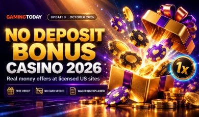 Gold gift box releasing casino chips and coins on a beam of light for no deposit bonus casino offers in 2026