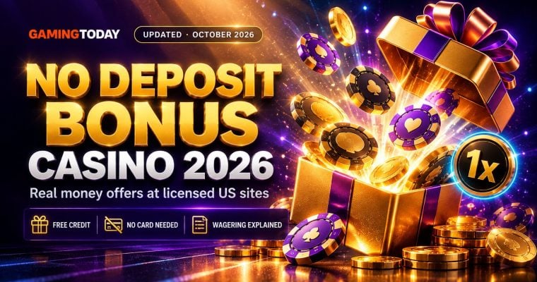 Gold gift box releasing casino chips and coins on a beam of light for no deposit bonus casino offers in 2026