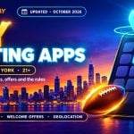 Smartphone with app tiles and a cyan location pin over a city skyline at dusk for NY betting apps