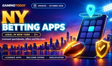 Smartphone with app tiles and a cyan location pin over a city skyline at dusk for NY betting apps