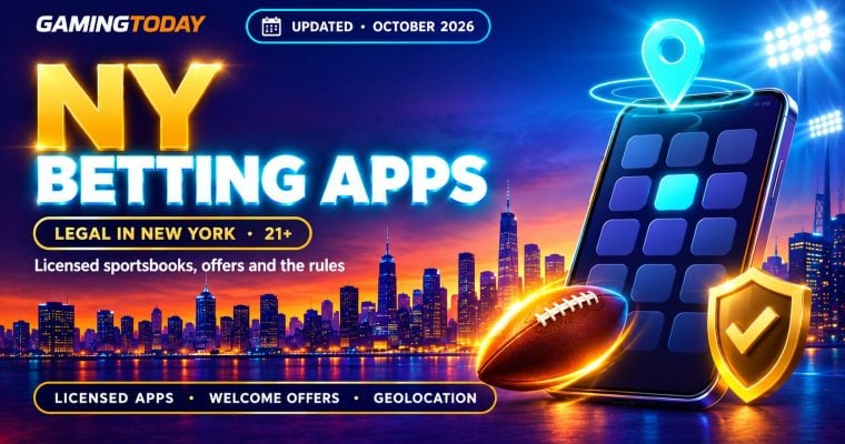 Smartphone with app tiles and a cyan location pin over a city skyline at dusk for NY betting apps