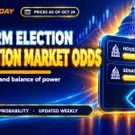 Dark odds board with two glowing probability bars and a cent price tag for midterm election prediction market odds