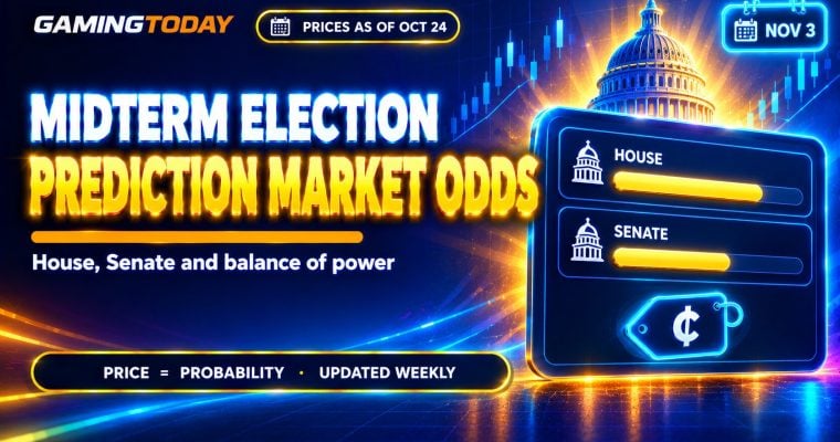Dark odds board with two glowing probability bars and a cent price tag for midterm election prediction market odds