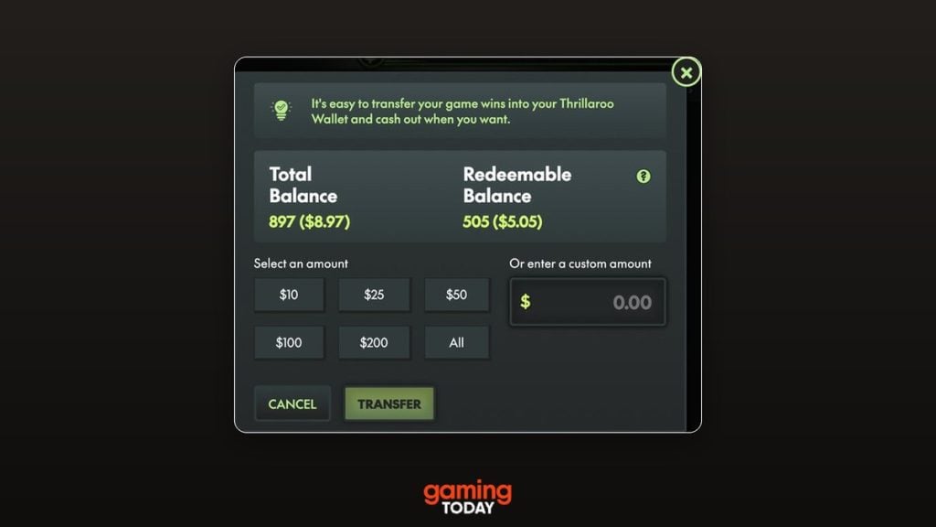 Thrillaroo wallet showing redeemable token balance