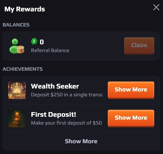 Titan Treasure Casino My Rewards achievements page