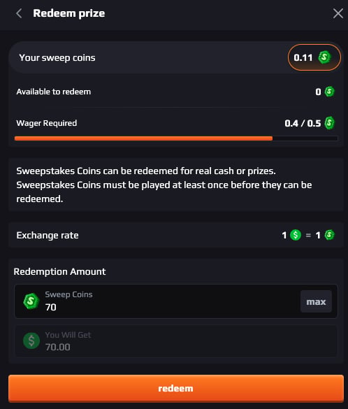 Titan Treasure Casino cash prize redemption screen