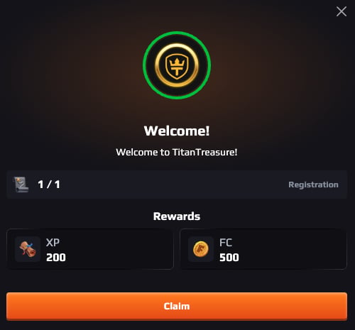 Titan Treasure Casino Welcome Reward achievement in the account menu