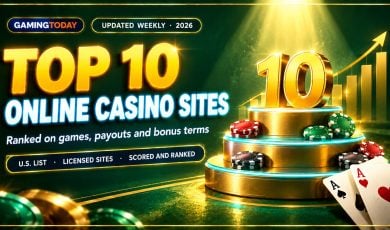 Gold three-tier podium with casino chips and fanned playing cards under a spotlight for the top 10 online casino sites