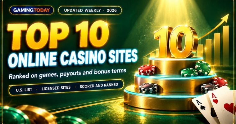 Gold three-tier podium with casino chips and fanned playing cards under a spotlight for the top 10 online casino sites