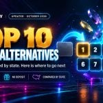 Dim single tile with a cyan arrow pointing to a grid of ten glowing tiles for the top 10 Stake casino alternatives