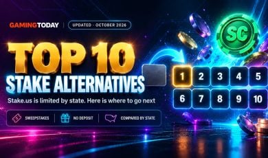 Dim single tile with a cyan arrow pointing to a grid of ten glowing tiles for the top 10 Stake casino alternatives