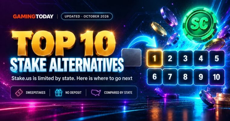 Dim single tile with a cyan arrow pointing to a grid of ten glowing tiles for the top 10 Stake casino alternatives