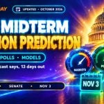 Domed building glowing behind three forecast gauges and a ballot box for the USA midterm election prediction