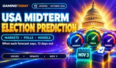 Domed building glowing behind three forecast gauges and a ballot box for the USA midterm election prediction