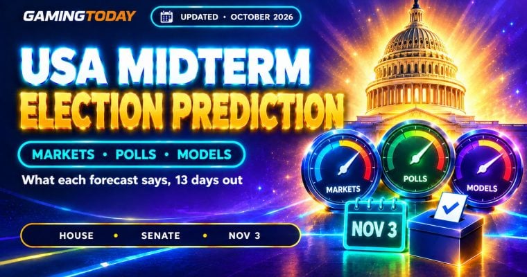 Domed building glowing behind three forecast gauges and a ballot box for the USA midterm election prediction