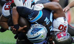 Panthers quarterback Cam Newton sacked