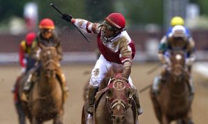 Rick Strike and jockey Sonny Leon are back to compete in the Belmont. (AP Photo/Charlie Neibergall)