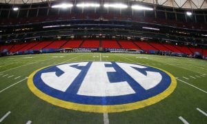 SEC logo on the college football conference championship field