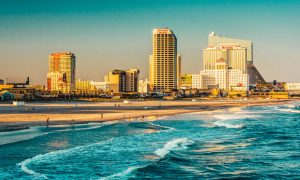 The skyline and Atlantic Ocean in Atlantic City, New Jersey.