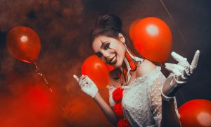 Mystery Carnival Joker Clown Woman Red Balloons