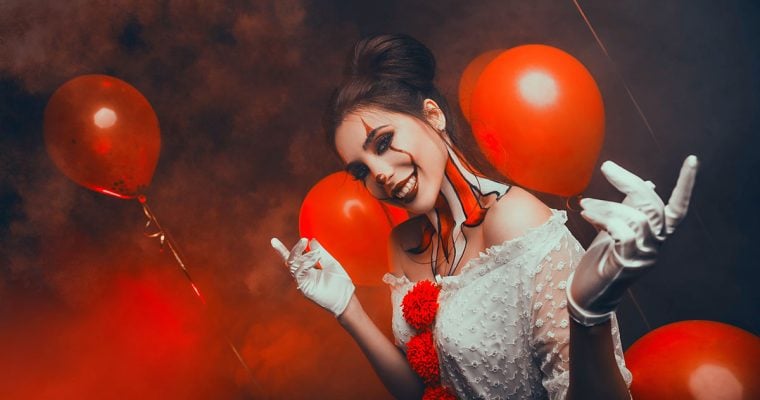 Mystery Carnival Joker Clown Woman Red Balloons