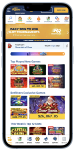 Screenshot showing the games lobby at BetRivers Online Casino on an iPhone