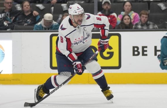 Washington Capitals left wing Alex Ovechkin during an NHL hockey game against the San Jose Sharks in San Jose, Calif., Monday, Nov. 27, 2023. (AP Photo/Jeff Chiu)