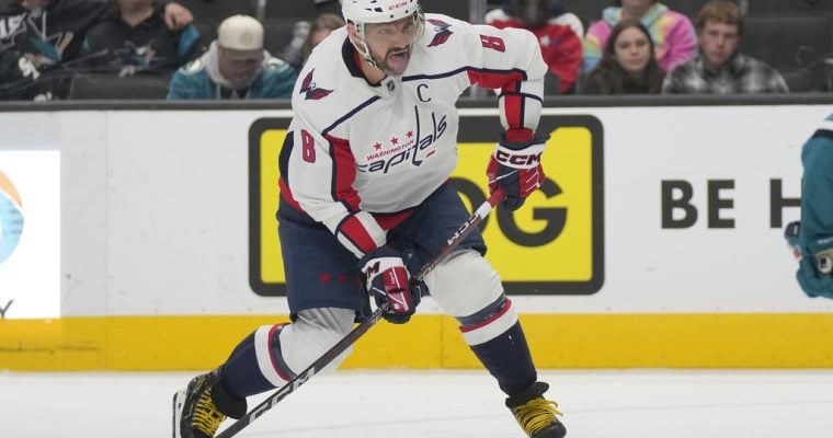 Washington Capitals left wing Alex Ovechkin during an NHL hockey game against the San Jose Sharks in San Jose, Calif., Monday, Nov. 27, 2023. (AP Photo/Jeff Chiu)