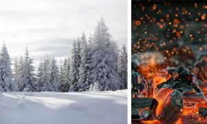 Winter landscape juxtaposed with warm glowing coals
